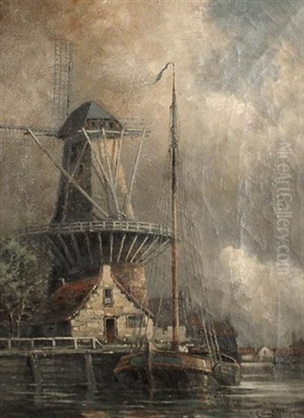 Canal Scenes With Windmills, A Pair by Louis van Staaten