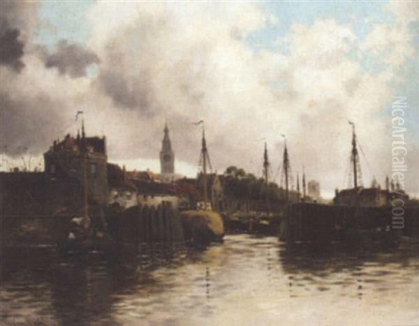 Hay Barges In Harbour Oil Painting by Louis van Staaten