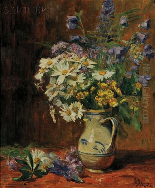 Still Life Of Summer Flowers In A Blue And White Pitcher by Gertrud Staats