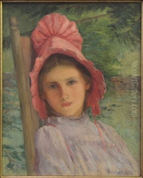 Girl In Red Bonnet Oil Painting by Anna Lee Stacey