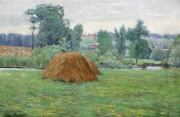 Haystack In Landscape Oil Painting by John Franklin Stacey