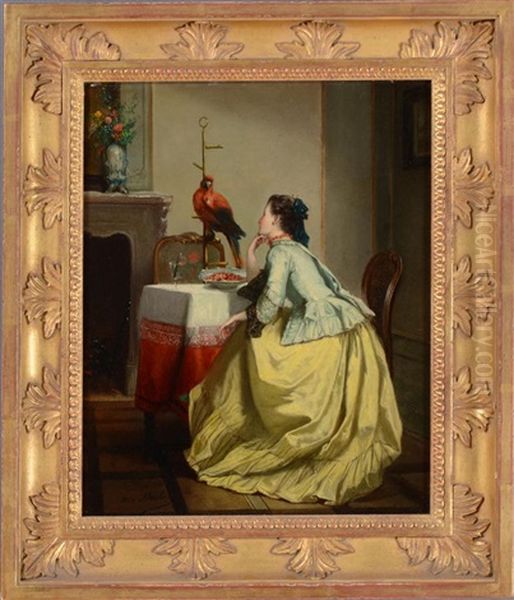 Admiring Her Pet Parrot Oil Painting by Adolphe Stache