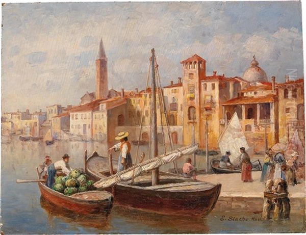 Italian Port Oil Painting by Ernst Stache