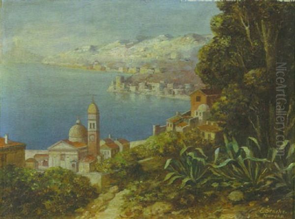 Sudliche Kustenlandschaft Mit Gebauden Und Kirche Am Ufer Oil Painting by Ernst Stache