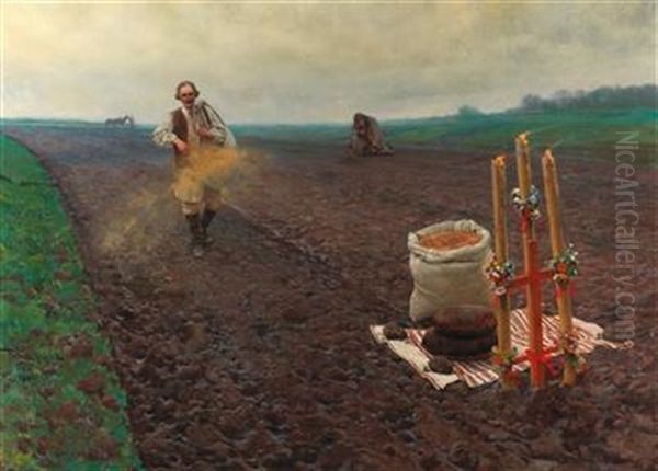 The First Sowing Oil Painting by Piotr Stachiewicz