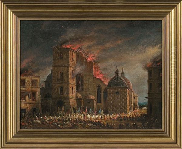 Fire The Dominican Church In Krakow Oil Painting by Teodor Baltazar Stachowicz