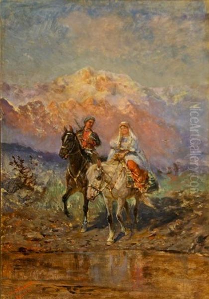 Travelers In A Landscape Oil Painting by Wladyslaw Stachowski