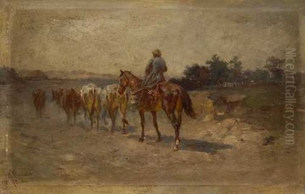 Berittener Hirte Mit Rindern Auf Dem Heimweg Oil Painting by Wladyslaw Stachowski