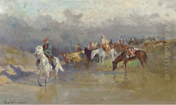 Cossacks Crossing A River Oil Painting by Wladyslaw Stachowski