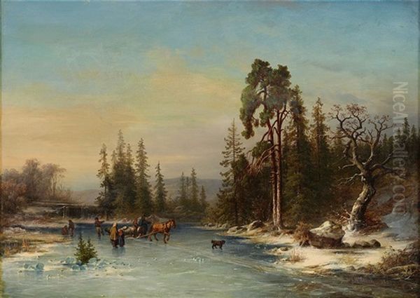 Skridskoakande Barn Och Sladekipage Pa Frusen Tjarn Oil Painting by Joseph Magnus Stack