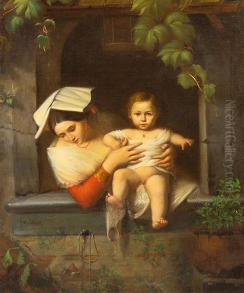 Mother And Child At A Window Oil Painting by Joseph Magnus Stack