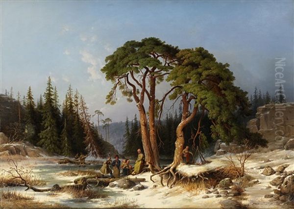 Nordiskt Vinterstycke: Granskog Med Ett Tillfruset Trask Oil Painting by Joseph Magnus Stack