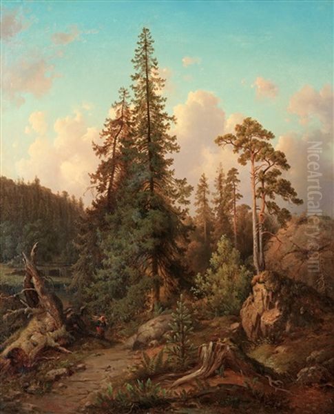 Skogslandskap Med Vedplockerska Oil Painting by Joseph Magnus Stack