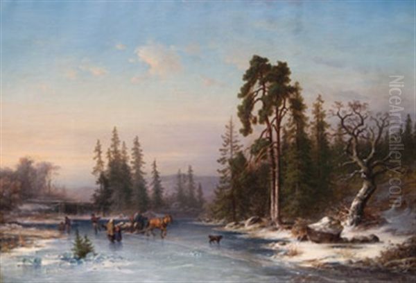 Vinterlandskap Med Timmerstade Och Skridskoakare Oil Painting by Joseph Magnus Stack