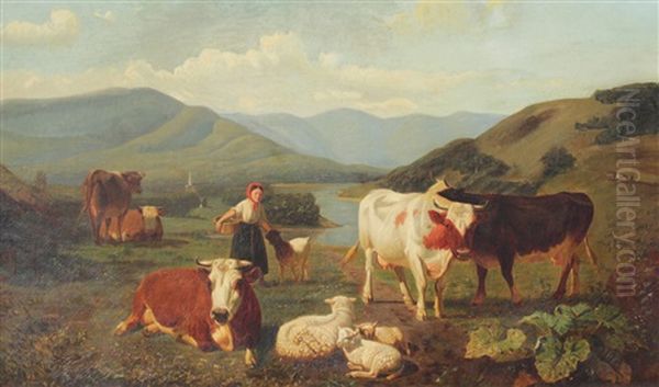 Panoramic Country Landscape With Farm Girl, Cattle & Sheep Oil Painting by Willem Tjarda Van Starkenborgh Stackouwer