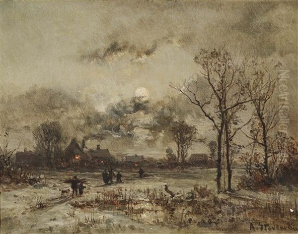 Wintry Village Landscape In The Moonlight by Adolf Stademann