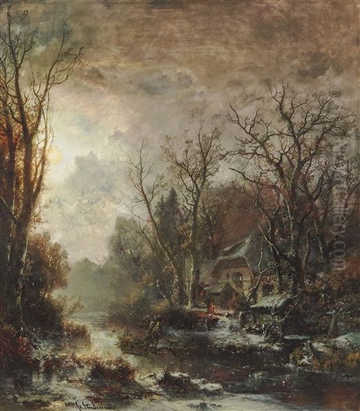 Wintry Forest Landscape With Homecoming Hunters Oil Painting by Adolf Stademann