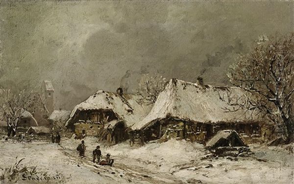 Verschneites Dorf Mit Spielenden Kindern Oil Painting by Adolf Stademann