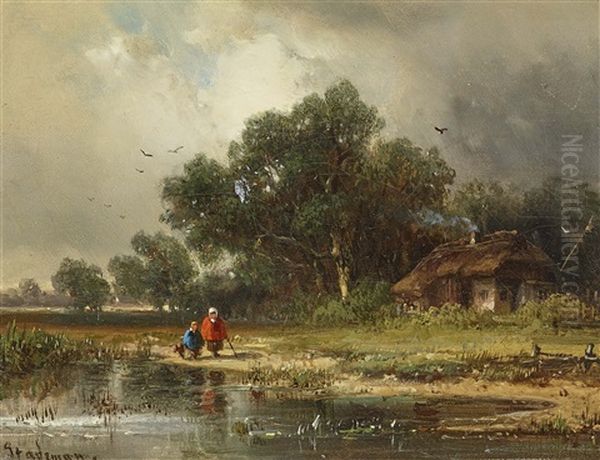 Children With Dog At The Village Pond Oil Painting by Adolf Stademann