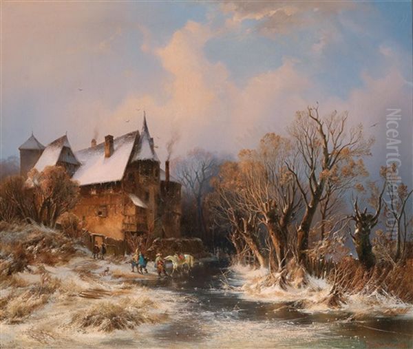 River Landscape In Winter With House And Decorative Figures Oil Painting by Adolf Stademann