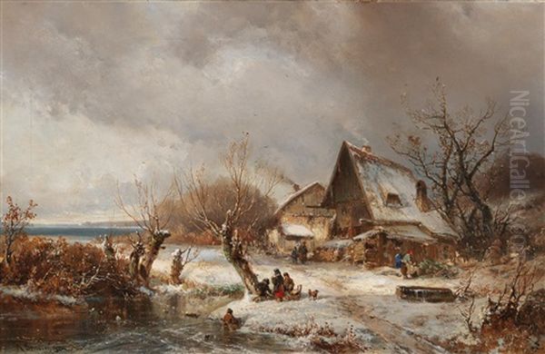 Winter Landscape With Farmstead Oil Painting by Adolf Stademann