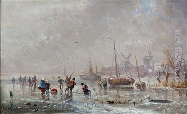 Ice View With Skaters Near A Dutch Villlage Oil Painting by Adolf Stademann