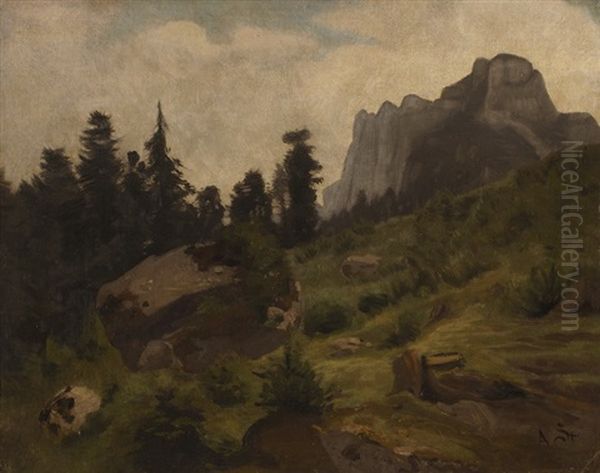 Gebirgslandschaft Oil Painting by Adolf (Johann) Staebli