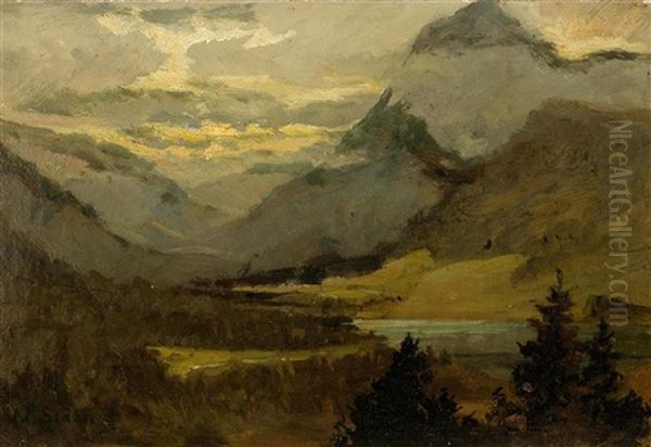 Mountain Landscape With Lake Oil Painting by Adolf (Johann) Staebli