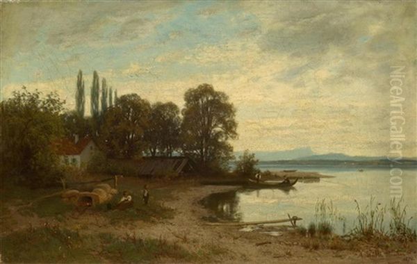 Scene On The Lake Shore Oil Painting by Adolf (Johann) Staebli