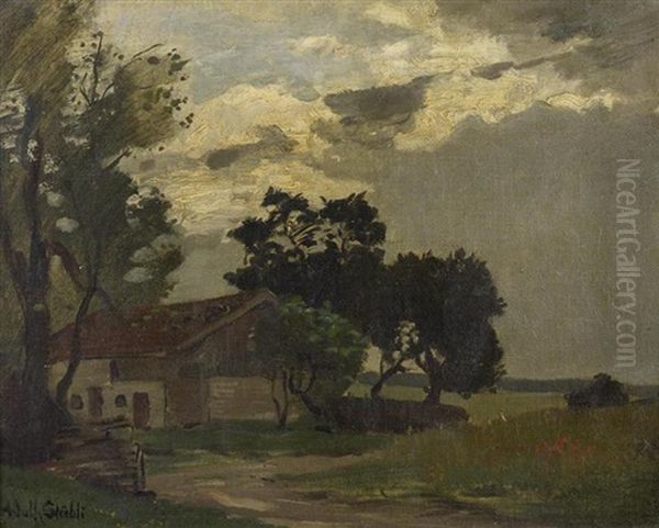 Landschaft Mit Haus Oil Painting by Adolf (Johann) Staebli