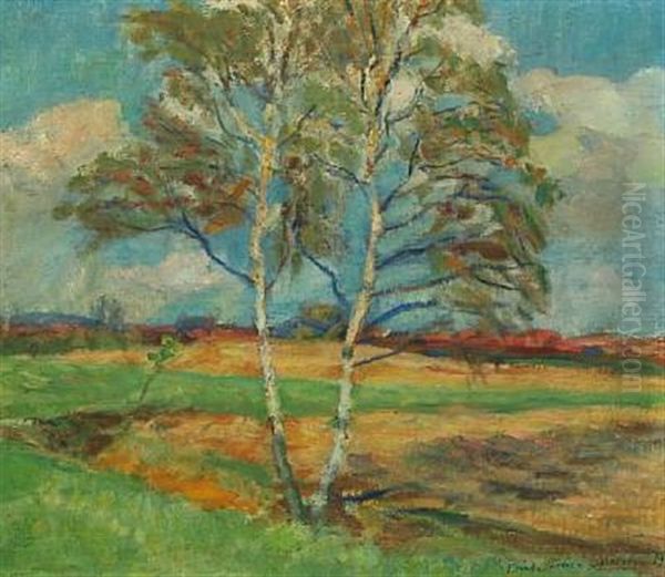 Landscape With A Birch, In The Background A Town Oil Painting by Erik Staehr-Nielsen