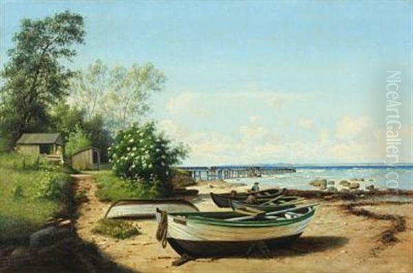 Summer Day With Row Boats On The Beach Oil Painting by Fritz Staehr-Olsen