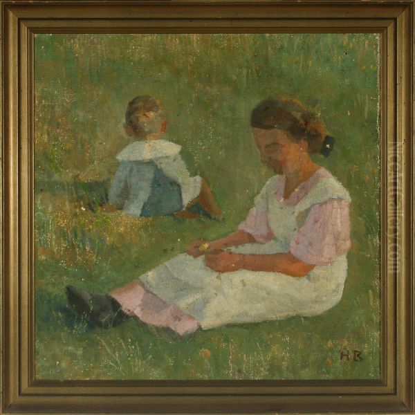 Boy And Girl Sitting In The Grass Oil Painting by Hedvig Brandt