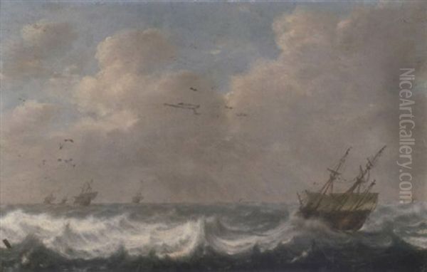 Dutch Men O'war In Stormy Waters Oil Painting by Hendrick Jacobsz Staets