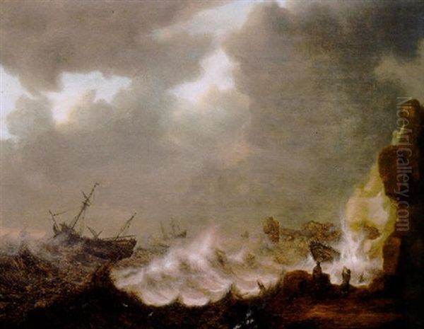 A Gale: Threemasters Foundering Off A Rocky Coast With Castaways by Hendrick Jacobsz Staets