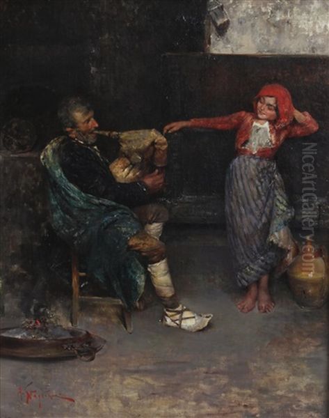 A Peasant Playing A Bagpipe And A Child Dancing Oil Painting by Arturo Stagliano