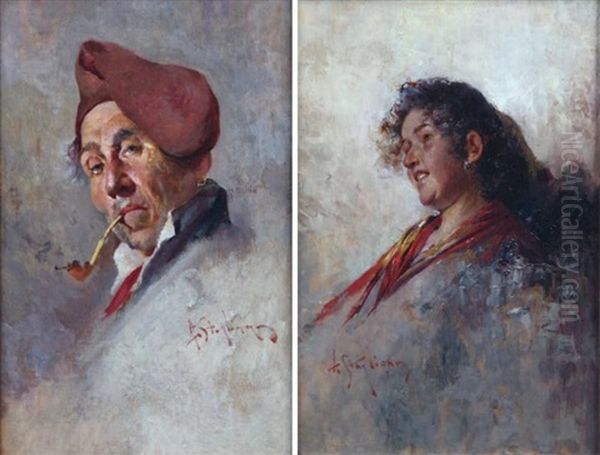 Le Fumeur (+ La Femme Au Chale Rouge; 2 Works) Oil Painting by Arturo Stagliano