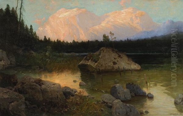 Bergsee Mit Gebirgskette Im Abendrot Oil Painting by Albert Stagura