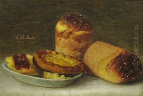 Two Entire Cakes On A Plate, A Christmas Cake And A Few Pieces Of Cake Oil Painting by Constantin Daniel Stahi