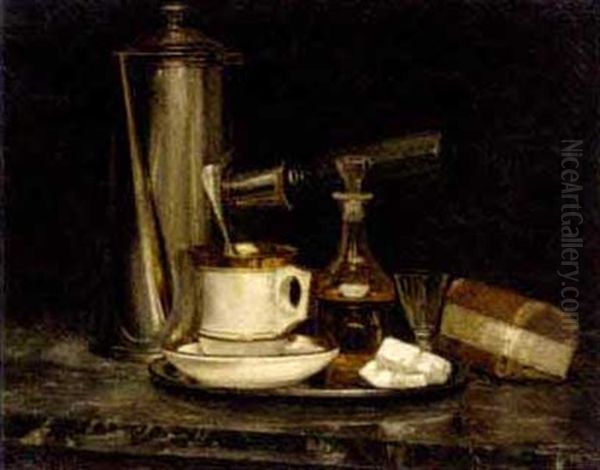 Still Life Of A Decanter, Coffee-cup And Coffee-pot On A Marble Ledge Oil Painting by Emile Stahl