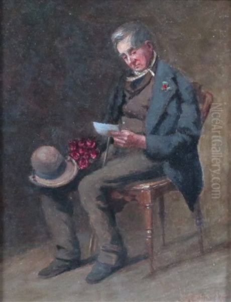 Sitzender Mann Mit Blumenstraus Liest Eine Botschaft Oil Painting by Alwin Stahr