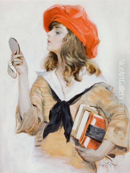 Girl In Red Beret Looking Into Compact Mirror, Saturday Evening Post Cover, September 10, 1921 Oil Painting by Paul C. Stahr