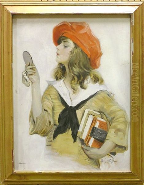 Portrait Of A School Girl With Red Beret And Compact Oil Painting by Paul C. Stahr