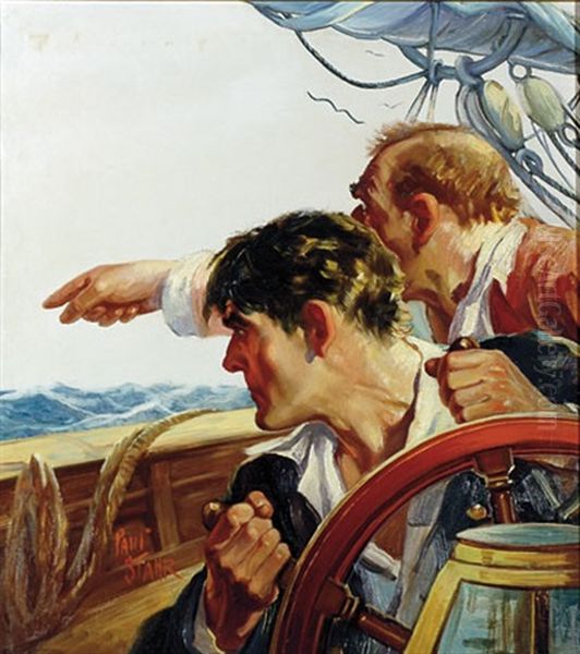 Two Seamen On Sailing Ship, One Pointing To Horizon (magazine Cover Illus. For The Argosy) Oil Painting by Paul C. Stahr