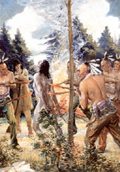 Tortured At The Stake By Indians Oil Painting by Paul C. Stahr