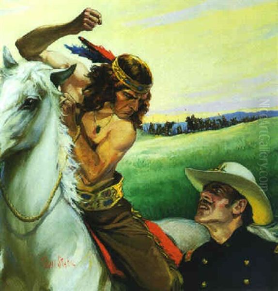 White Indian Confronting Cavalry Officer Oil Painting by Paul C. Stahr