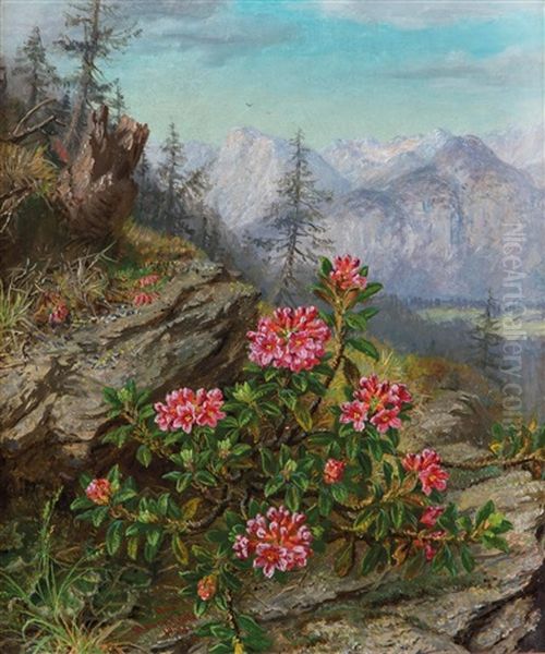 Alpenrosen Mit Berglandschaft Oil Painting by Anna Stainer-Knittel