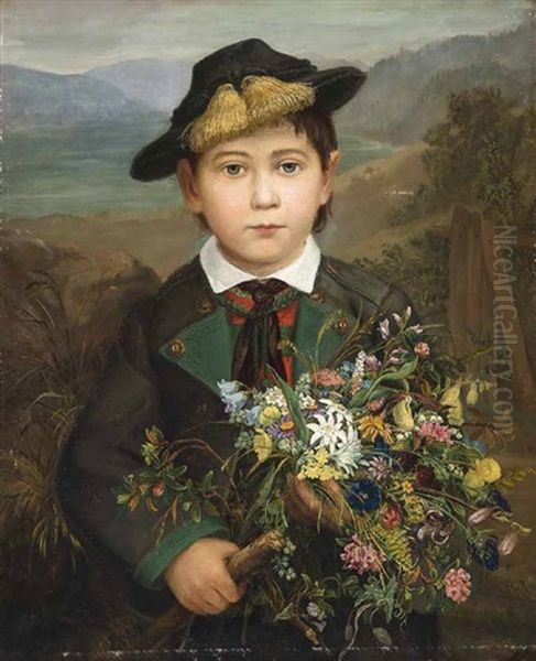 Bub In Tracht Mit Einem Sommerblumenstraus In Der Hand Oil Painting by Anna Stainer-Knittel