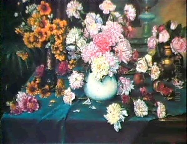 Peonies, Roses And Other Flowers In Vases On A Table        Draped With A Blue Cloth. Oil Painting by Anna Stainer-Knittel