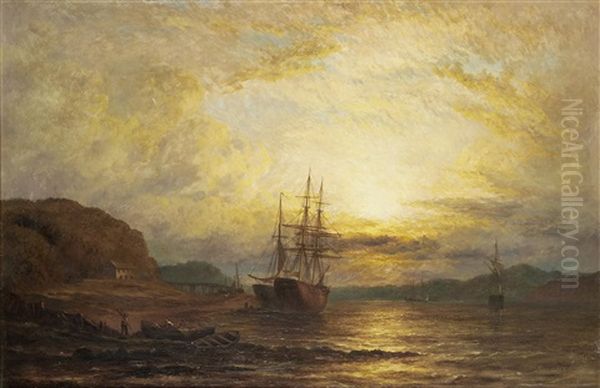 Estuary Scene With Shipping At Sunset by George Stainton